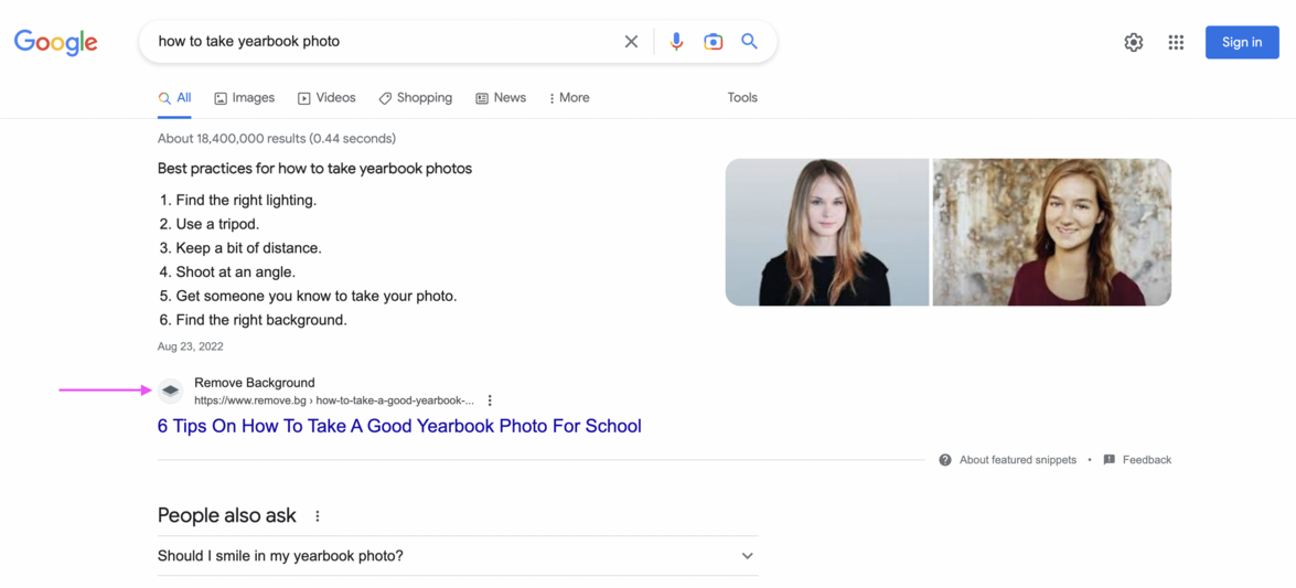 Page 1 of a Google search engine results page for the search term "how to take yearbook photo" — with one of Kaleido's blog articles ranking as the featured snippet.