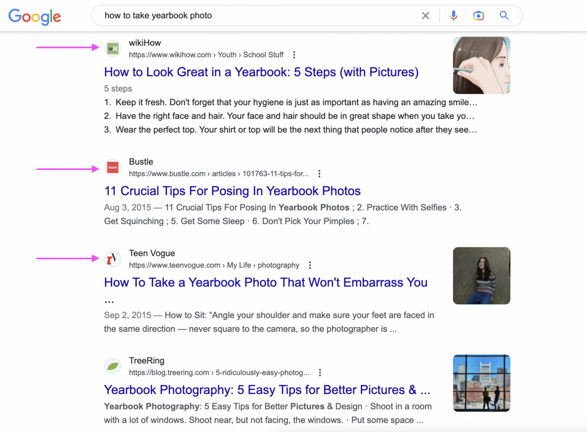 Page 1 of Google's search engine results page for the query "how to take yearbook photo" — with Kaleido's article ranking above established companies like Bustle, Teen Vogue and wikiHow.