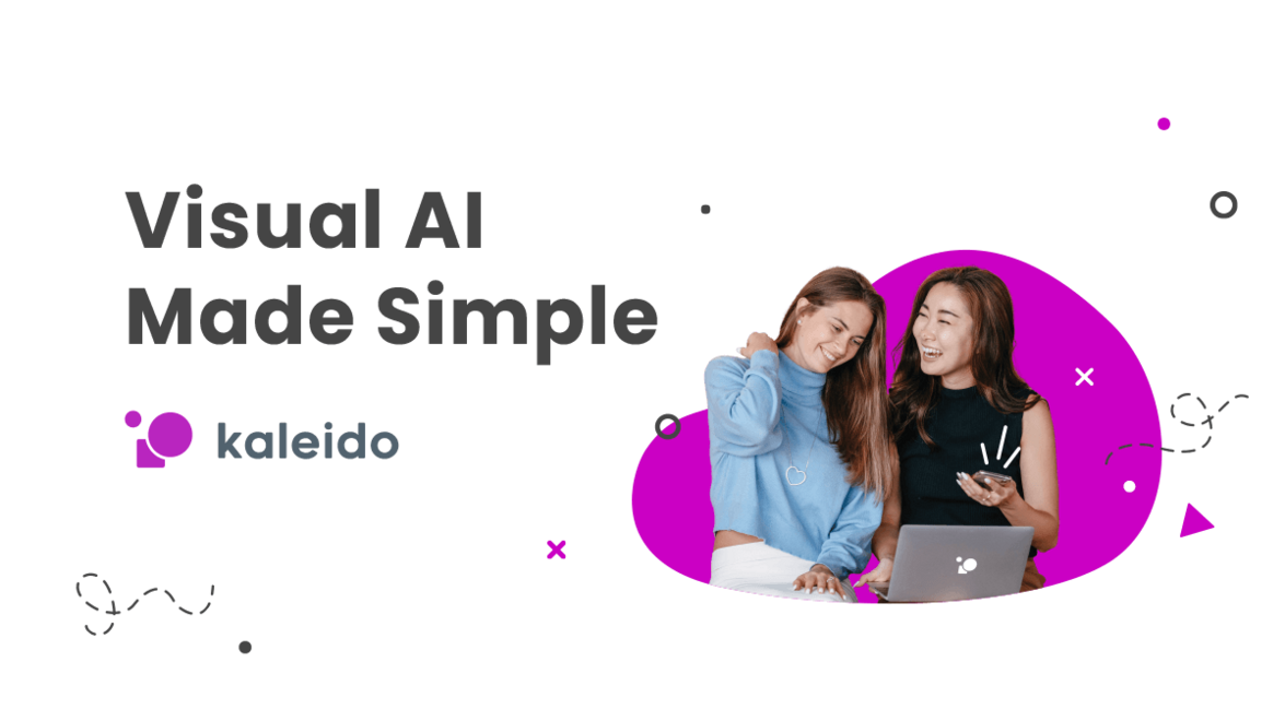 The Kaleido AI logo, depicting two graphic designers working on a project and marveling at how Kaleido's tools help automate their workflows.