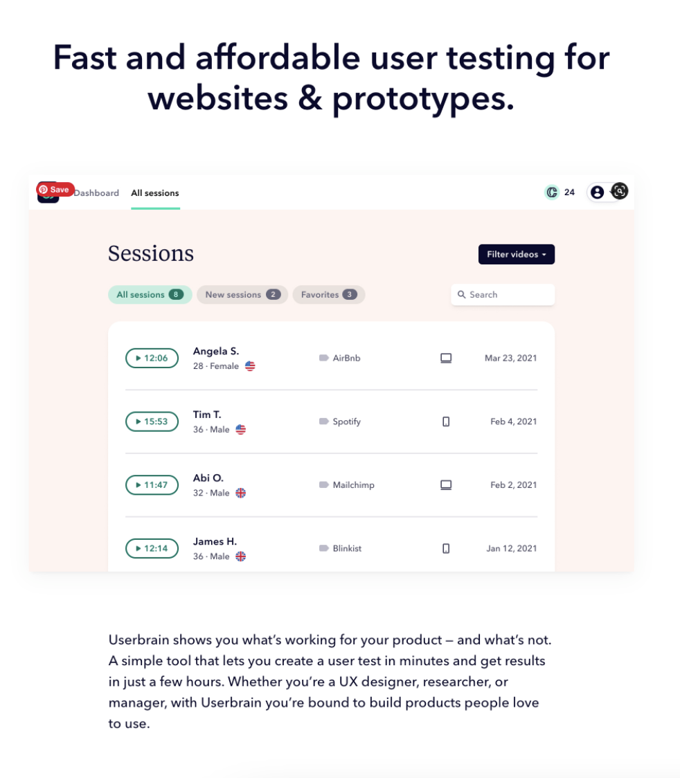 A Say it right-authored landing page from Userbrain, showing their warm, conversational brand tone & style — and what added value they bring.